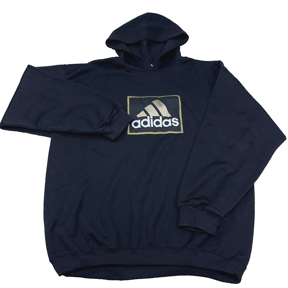 Vintage Adidas Hoodie Men Large Black‎ Gold Sweatshirt Sweater Patch USA 90s *